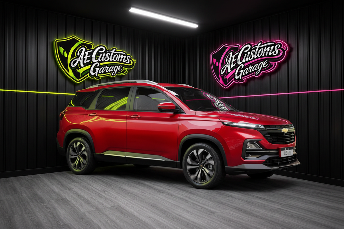 Chevrolet Captiva Roja estacionada en AE Customs Garage