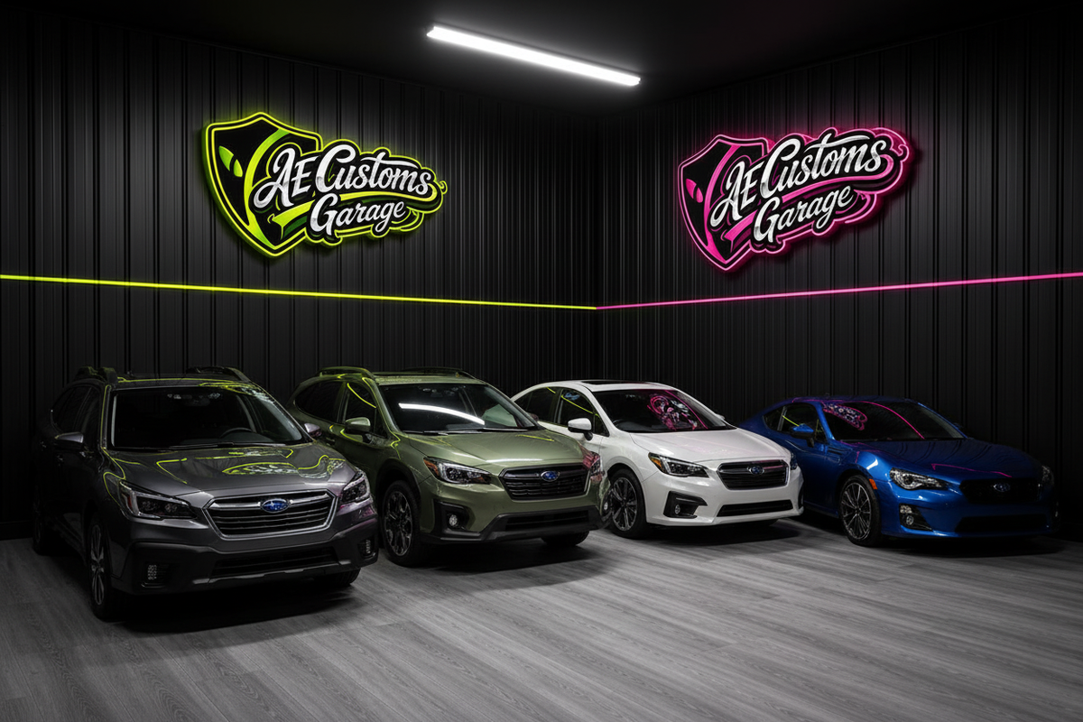 Subaru lineup en AE Customs Garage